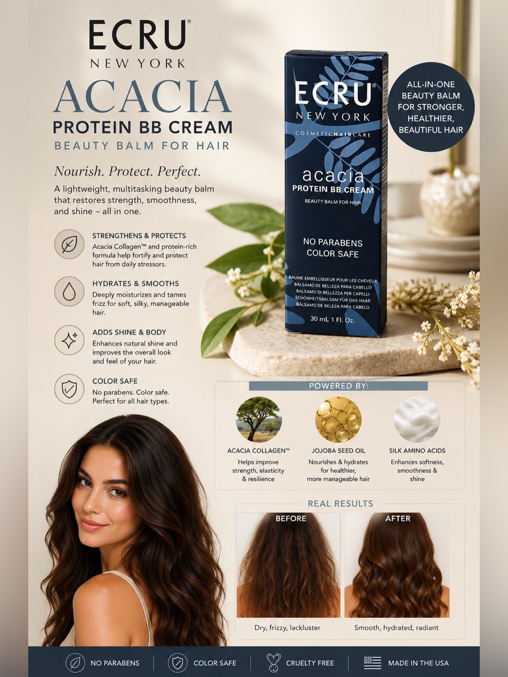Ecru New York Acacia Protein BB Cream Beauty Balm For Hair 1 oz 30 ml New Travel